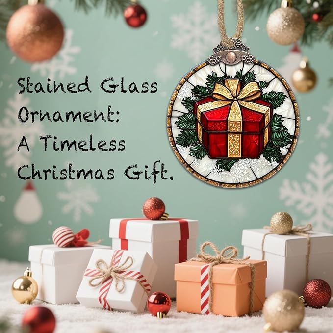Stained Glass Christmas Decorations, Red Gift Gold Ribbon Suncatcher for Window Christmas Tree Hanging Ornaments Retro White Sun Catcher Xmas Decor Gifts for Women Men Mom Nana Friend