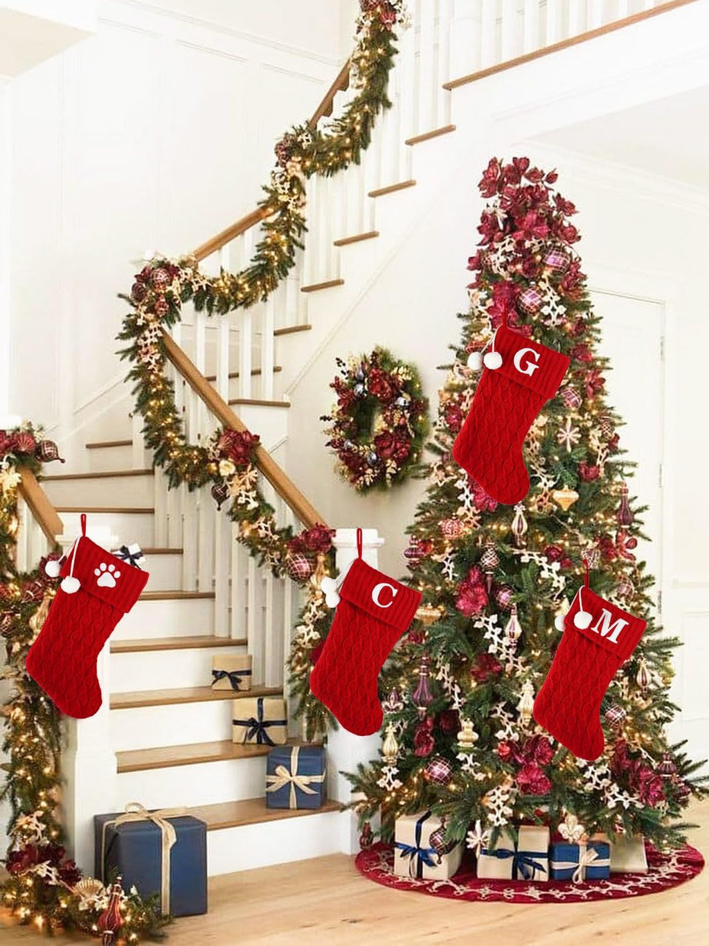 20 Inchs Red Knit Christmas Stockings, Personalized Initial Embroidered Xmas Stocking Larger Sock for Christmas Tree Fireplace Christmas Party Holiday Hanging Stocking Decorations(S)