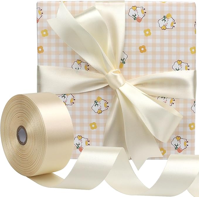 Rice White Solid Satin Ribbon 1-1/2 Inch 50 Yards Solid Polyester Fabric Ribbon for Gift Wrapping Wedding Christmas Baby Shower Birthday Party Decoration Handmade Immortal Flower Craft