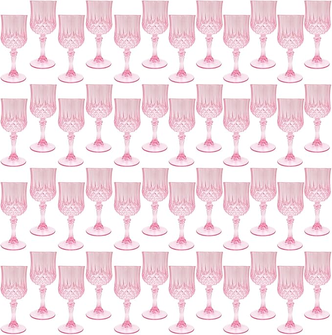 Plastic Wine Glasses，Plastic Goblets Vintage Style Cordial Drinking Glasses for Wedding Reception, Grand Event Party Supplies (48, Pink)
