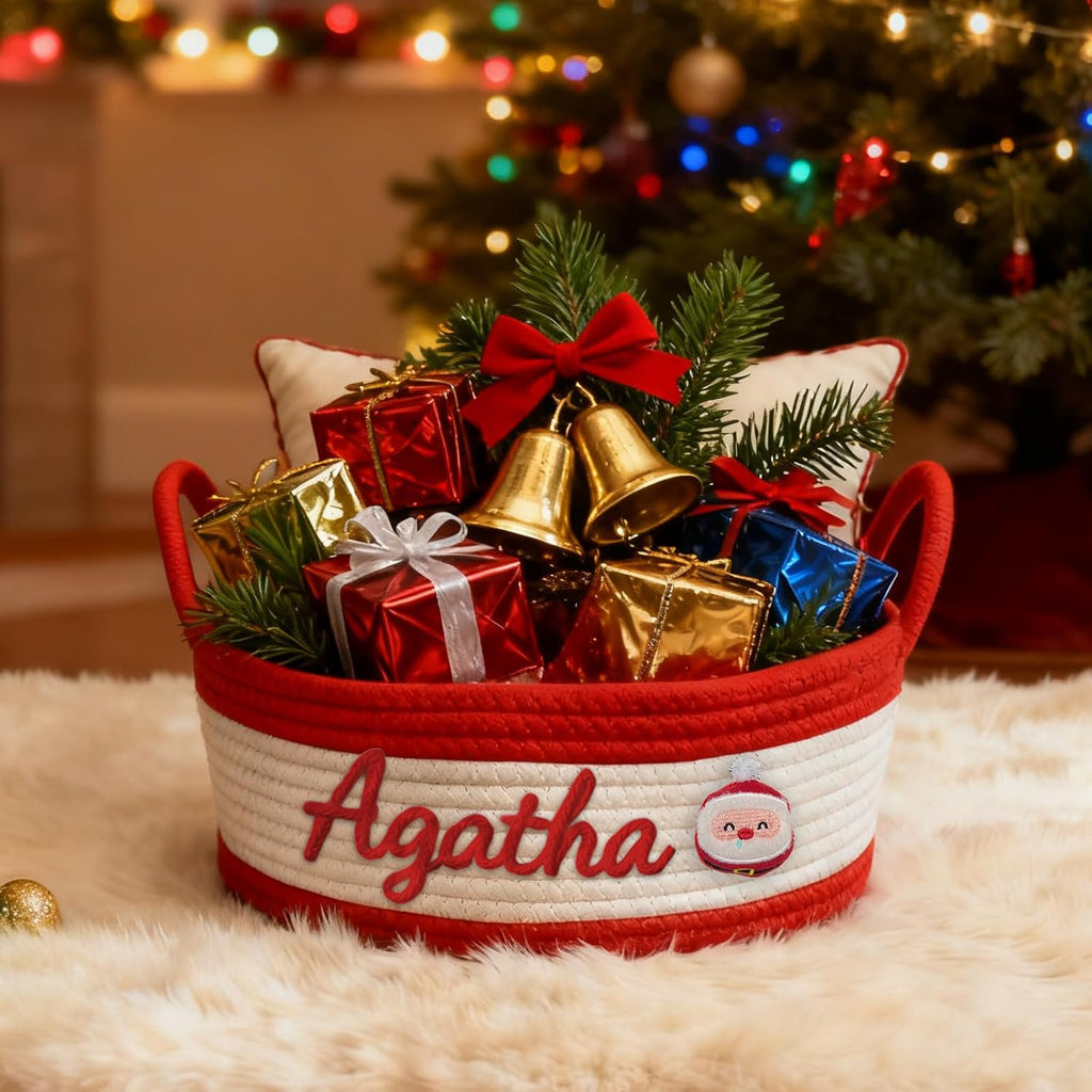 Personalized Christmas Woven Basket Custom Name Christmas Gift Basket Customized Toy Storage Basket Festive Storage Organizer for Holiday Decor Boy&Girl Christmas Gifts