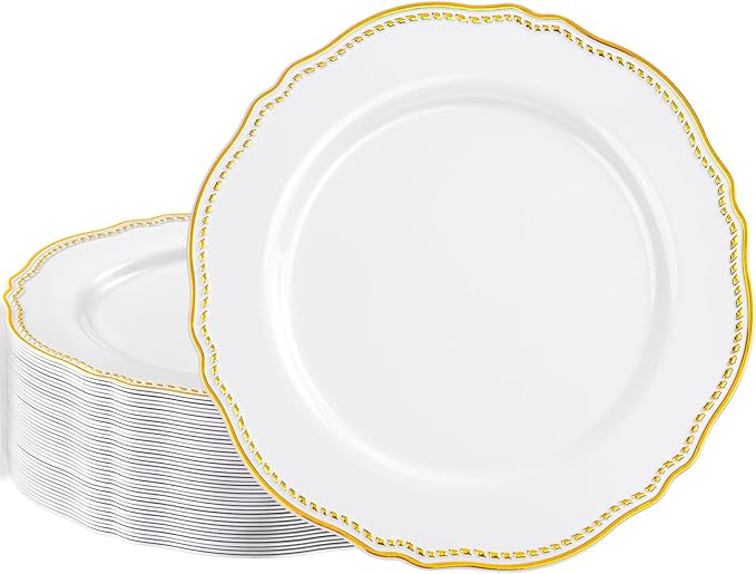 Hioasis 60pcs Gold Plastic Plates - White and Gold Disposable Dinnerware with Gold Rim, Heavy-duty, 10.25 inch, Dinner Plates for Party & Wedding