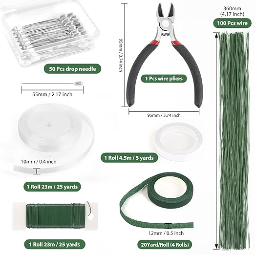 NESCCI Floral Arrangement Kit with Green Floral Tape and Wire,26 Gauge Floral Stem Wire,22 Gauge Floral Wire,Boutonniere Pin for Bouquet Stem Wrap Florist.