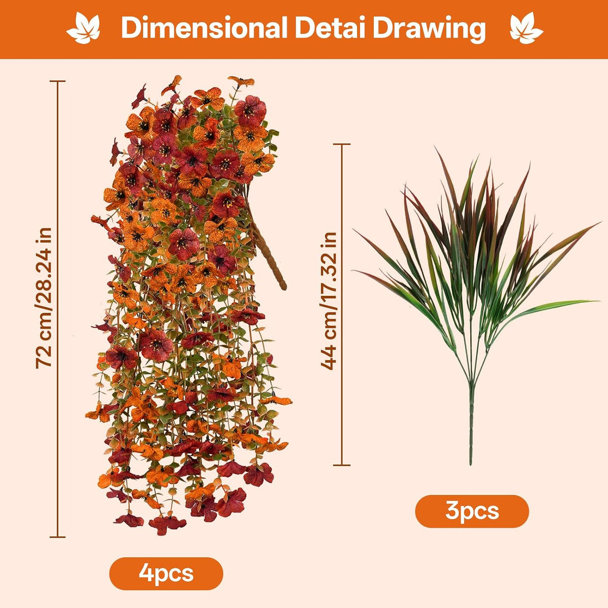 artificial fall hanging flowers for outdoor, five-petaled faux showing dimensions