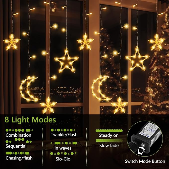 PUHONG Christmas Lights, 11.48FT Curtain String Lights with 8 Light Modes, Star Moon Indoor Outdoor Fairytale String Lights for Bedroom, Window, Wall, Home, Ramadan, Christmas Decoration - Warm White