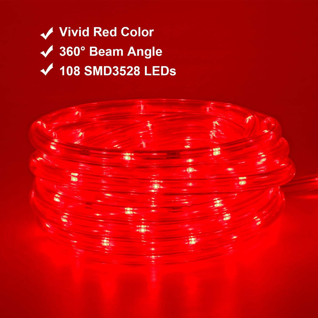 Outdoor 16ft Red LED Rope Lights, 120V IP65 Waterproof | 108 LEDs, IP65 PVC tube, ETL plug, clips and screws; connects up to 192ft for outdoor runs
