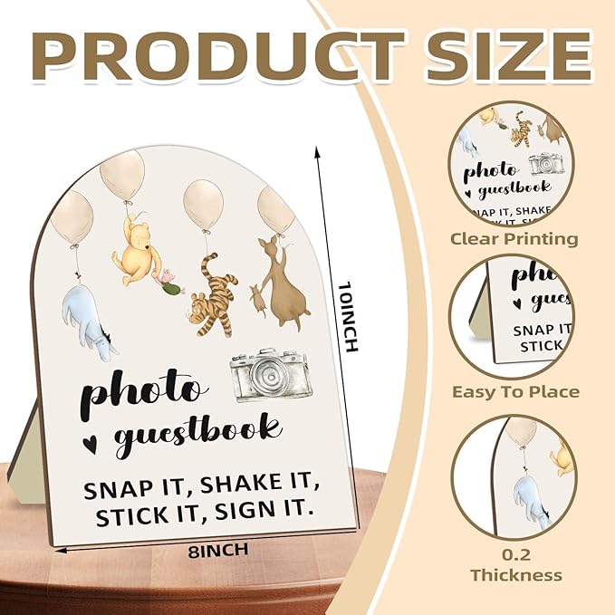 Winnie Wedding Photo Guestbook Sign with Stand, the Pooh Decor Wedding Welcome Sign, Bridal Shower Sign, Baby Shower Party Supplies, Wedding Shower Supplies, Photo Guestbook Wooden Plaque 8 * 10In