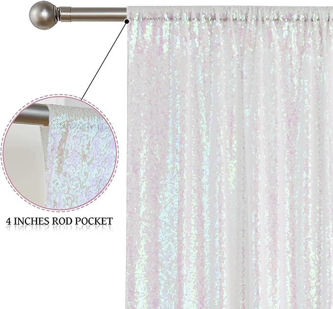 Sugargirl White Iridescent Sequin Backdrop Curtain 2 Panels 2FTx8FT Glitter White Iridescent Background Drapes Sparkle Photography Backdrop for Party Wedding Birthday Wall Decoration