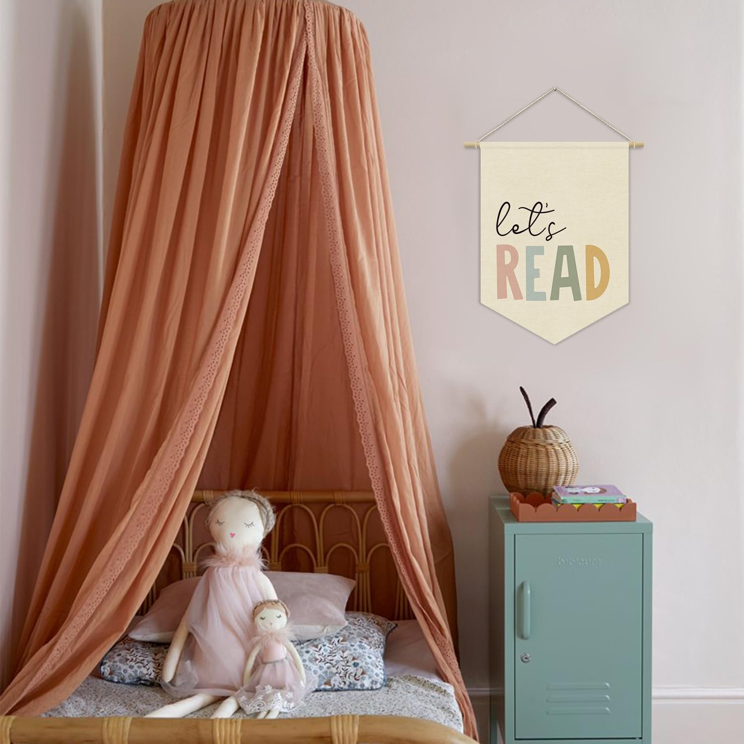 Reading Corner Decor, Let's Read Sign Kids Room Wall Canvas Banner, Library Boho Classroom Bookshelf Hanging Pennant Flag, 15x11in