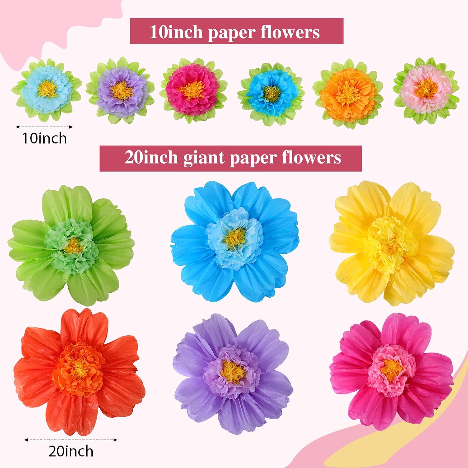 TaoBary Large Colorful Tissue Paper Flowers Giant Fiesta Paper Pom Poms Classroom Wall Decor Mexican Birthday Party Decorations Wedding Backdrop(20" and 10",Rainbow Color,12 Pcs)