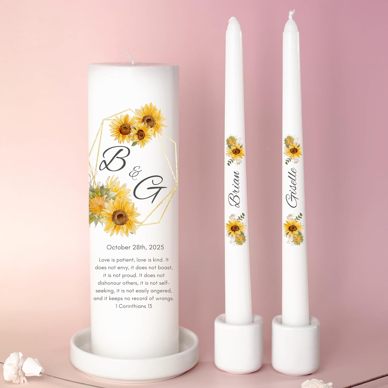 Unity Candles for Wedding, Modern Unity Set, Custom and Personalized Pillar and Taper Candles with Bible Quote, Unscented White Premium Wax, Religious and Wedding Ceremony, Special Events