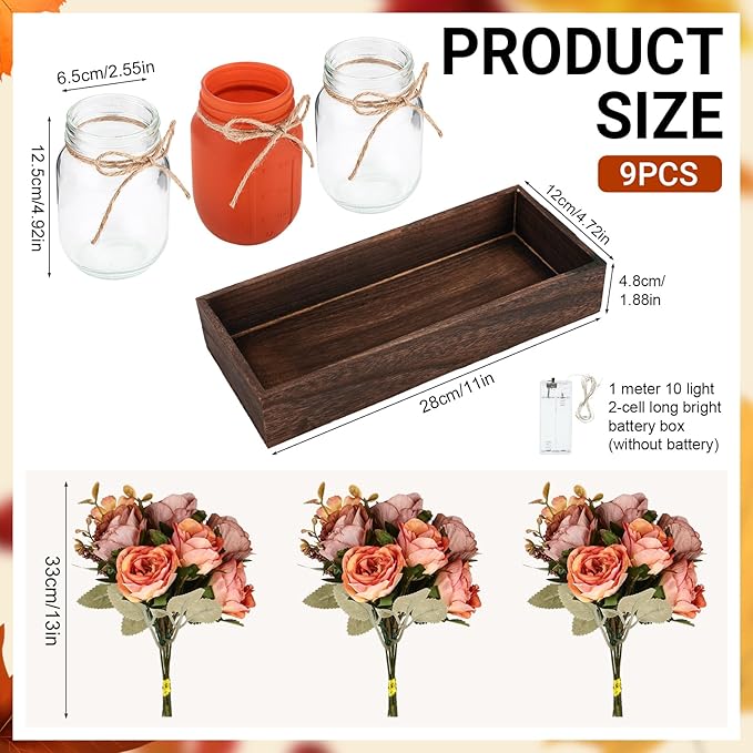 VAIPI Fall Decor Mason Jar Centerpiece Table Decorations with 3 Jar Flowers String Lights and Wooden Tray Fall Decorations for Home Dining Room Farmhouse Autumn Wedding Kitchen Living Room Bathroom