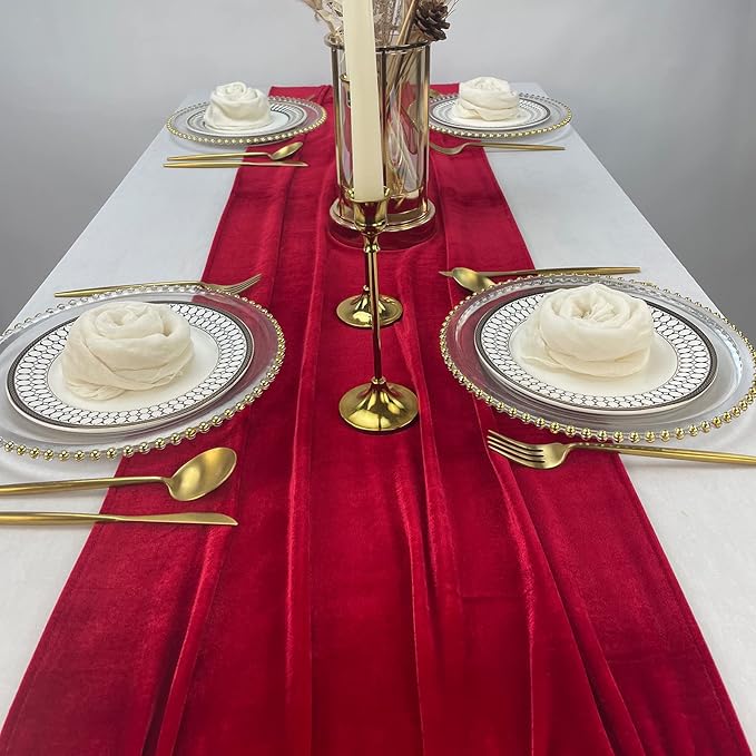 Velvet Table Runner, 10ft Luxurious Wedding Reception Decorations Soft Velvet Fabric Table Linen Overlay for Party (20 x 120 inch, Red)