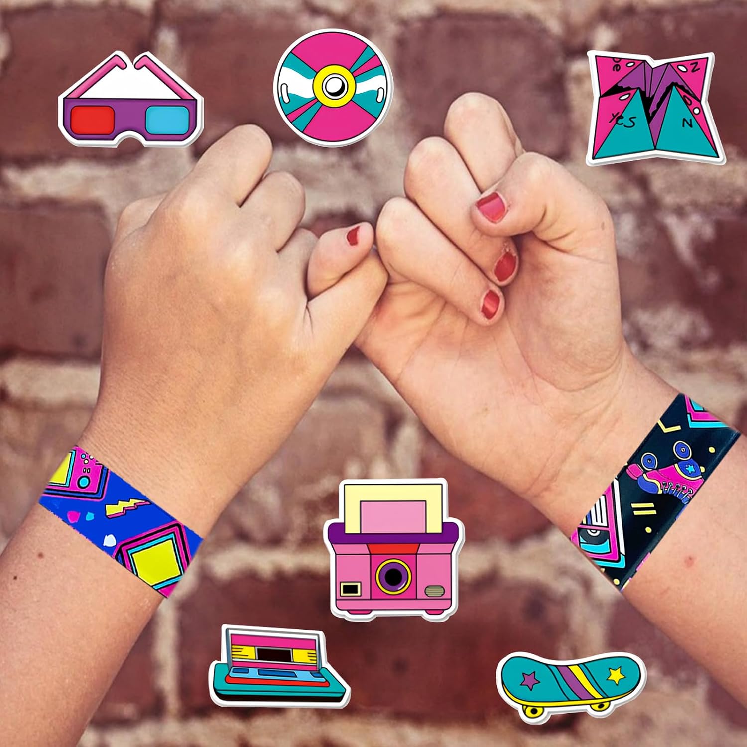 CZWXOXO 74Pcs 80s Theme Party Favors Contain 24 Pcs 80s Theme Slap Bracelets 50Pcs Stickers, Retro Birthday Party Decorations,Classroom Rewards Supplies.