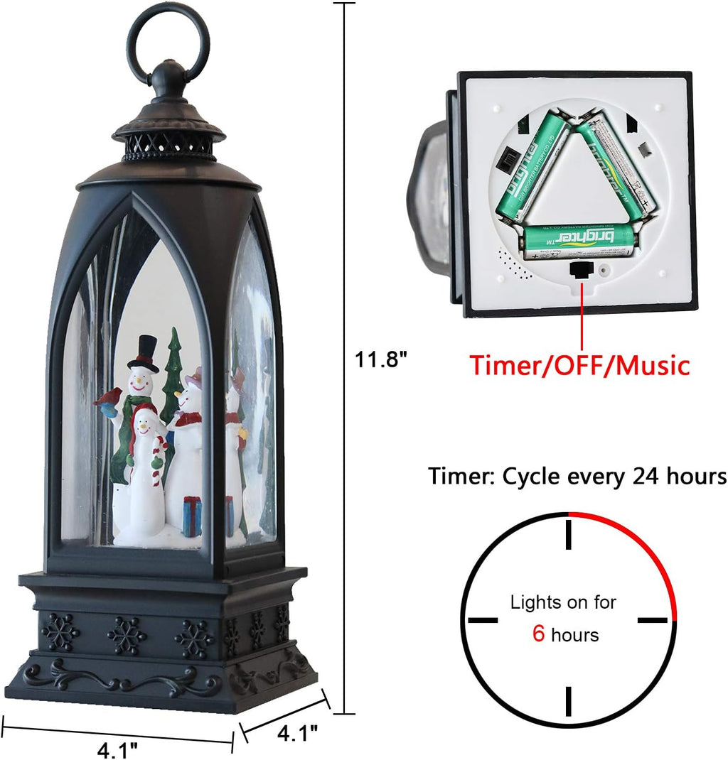 Eldnacele 12” Christmas Snow Globe Lantern Snowman with Music & Timer, USB Lined/Battery Operated Lighted Water Glittering Lantern for Christmas Festival Decoration Gifts – Snowman
