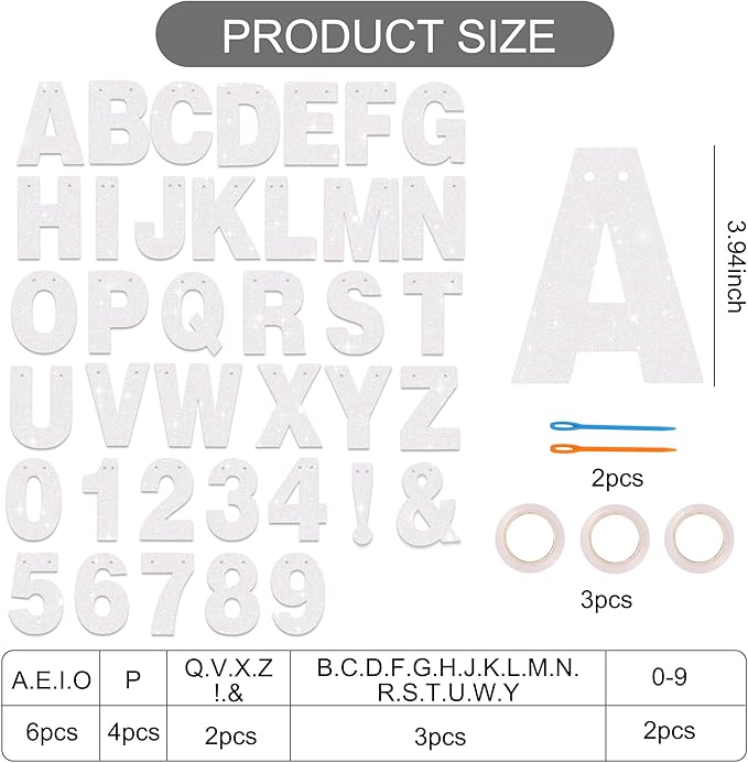 BEISHIDA 116 PCS Glitter Color White DIY Letter Banner Kit Make Your Own Banner，Including 111 Letters and Numbers 3 Rope and 3 Threading Device,Customized for Birthday Graduation Wedding Party Decor