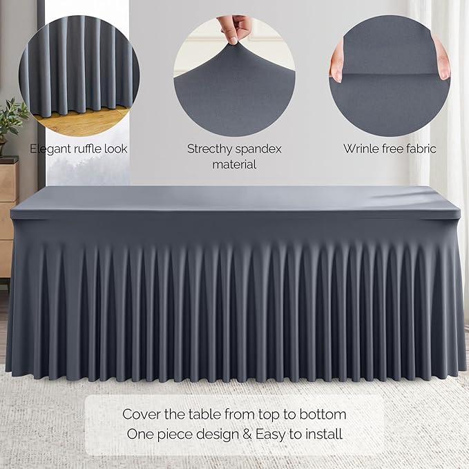 Wish Care 2 Pack Gray Spandex Table Clothes for 4 Foot Rectangle Tables, 4FT Wrinkle Free Fitted Tablecloths Ruffles Design Table Cover for Party, Banquet, Wedding and Events