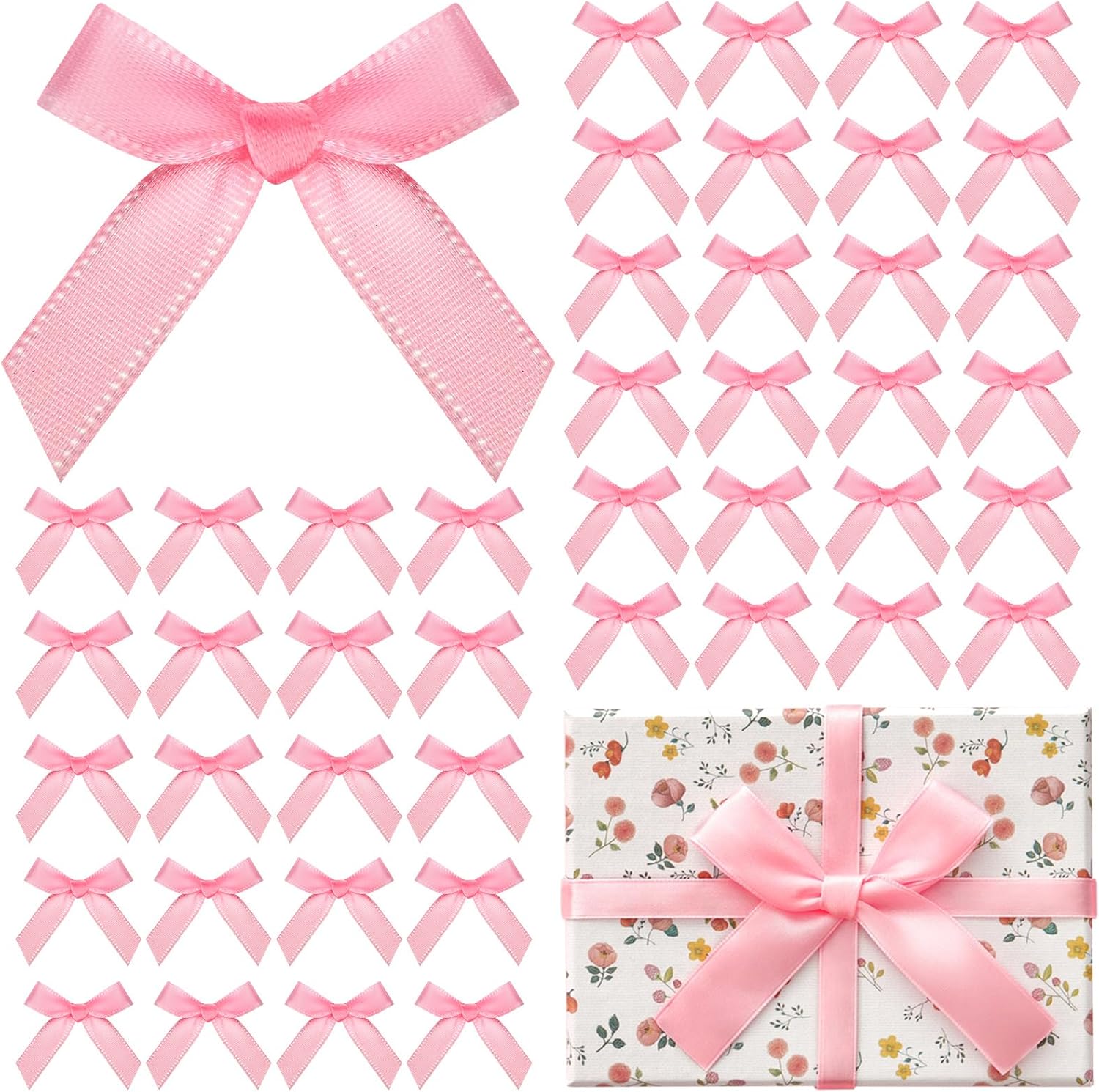 120 Pcs Mini Pink Bows for Crafts with Self-Adhesive Dot, 1.57" Small Satin Ribbon Bows for Gift Wrapping Cake Decorations Sewing Scrapbook Card Making Wedding Bow Party Decoration