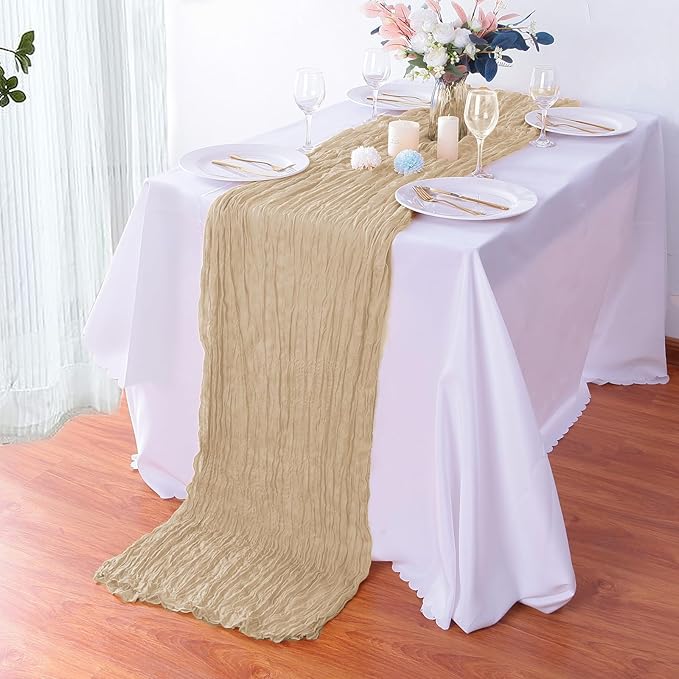 4 Pack Beige Cheesecloth Table Runner 35x120 Inch Boho Gauze Fabric Cheese Cloth Table Runner 10Ft Rustic Romantic Sheer Table Runners for Wedding Party Bridal Baby Shower Long Table Decoration
