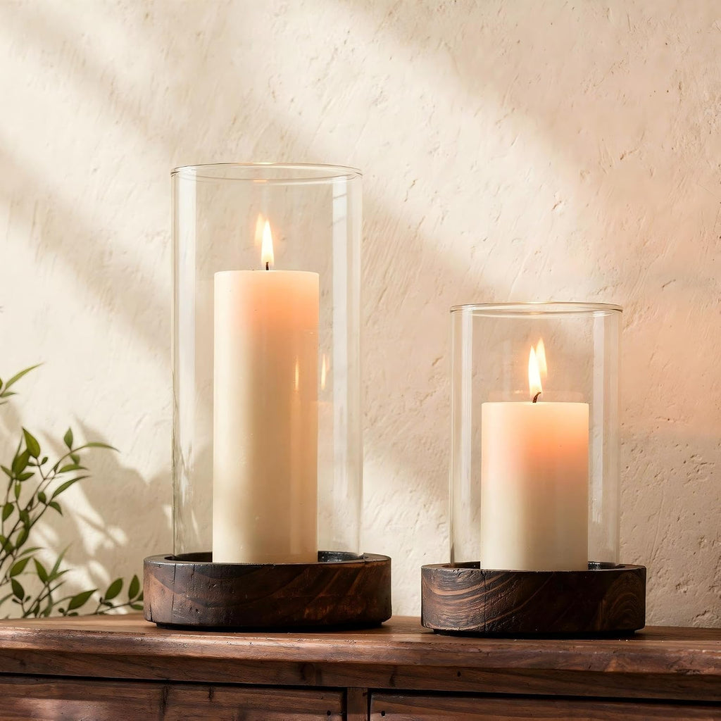 Ronasip Set of 2 Hurricane Candle Holders with Wood Base & Glass Cylinder (4.2x5.9” & 4.6x7.8”) – Rustic Wooden Candle Holders for Home Decor, Weddings, Table Centerpieces (2, Brown)