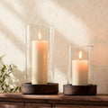 Ronasip Set of 2 Hurricane Candle Holders with Wood Base & Glass Cylinder (4.2x5.9” & 4.6x7.8”) – Rustic Wooden Candle Holders for Home Decor, Weddings, Table Centerpieces (2, Brown)