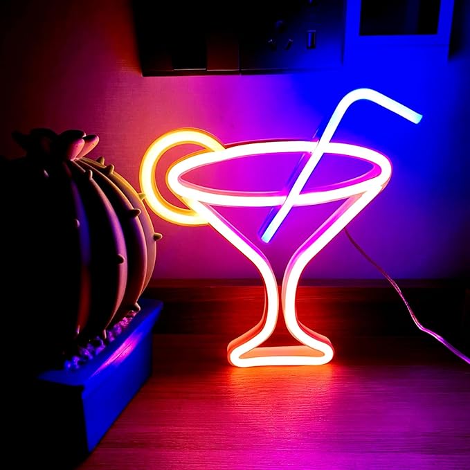 Led Cocktails Neon Sign,Wine Glass Neon Light Battery and USB Dual Powered Bar Neon Night Light Signs for Wall Decor,Cocktails Night Lamp for Bar, Club, Cocktail Bar, Restaurant, Shop
