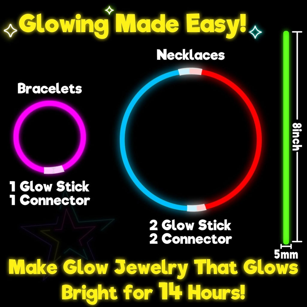 500 Pack Glow Sticks Bulk Party Pack, 8" Glow Bracelets & Necklaces with Connectors, Ultra Bright 14-Hour Glow in The Dark Party Supplies, Neon Party Favors for Birthday 4th of July Pool Party Events