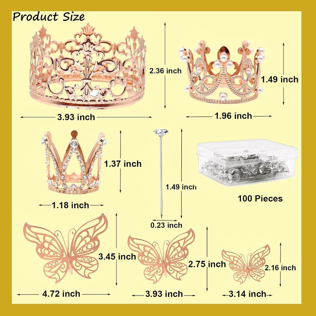 141 Pcs Mini Crown for Flower Bouquets Including 5 Bouquet Crowns, 36 3D Butterfly Decorations and 100 Flower Diamond Pins, Rose Gold Cake Topper for Wedding Birthday Party