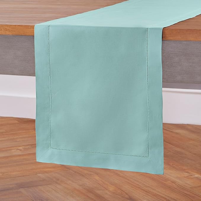 Solino Home Cotton Linen Table Runner 60 Inches - Pastel Turquoise Hemstitch Table Runner 14 x 60 Inch Ideal for Dresser and Coffee Tables