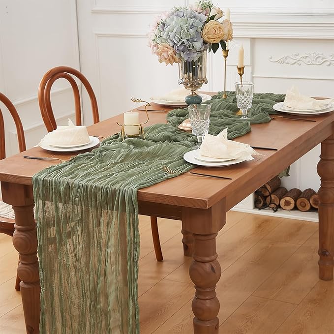 Sage Green 2 Pack Cheesecloth Table Runner 120 Inch 10 FT Boho Rustic Gauze for Wedding Baby Shower Party Farmhouse Summer Home Decor Washable
