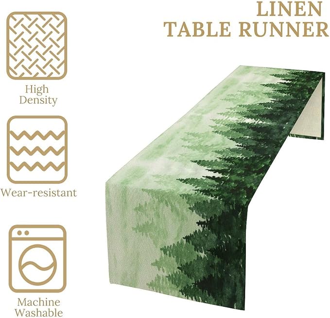 Foggy Forest Table Runner,Watercolor Wreen Misty Forest Landscape Table Runner for Kitchen Dining Table Home Party Decoration 13x120 Inch