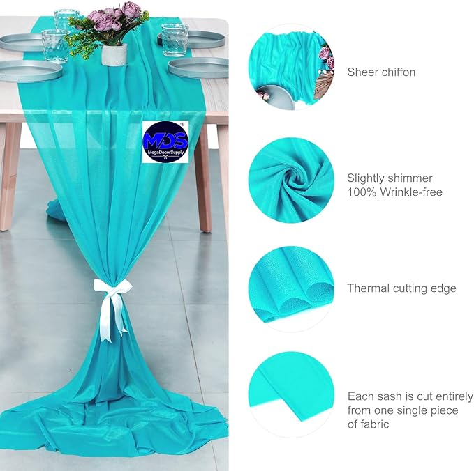 MDS 25 Pack 10ft Chiffon Table Runner 29 x 120 Inches Sheer Wedding Runner Romantic Rustic Table Runner for Wedding Decorations, Birthday Parties, Bridal Shower Party Arch Decor - Peacock Blue