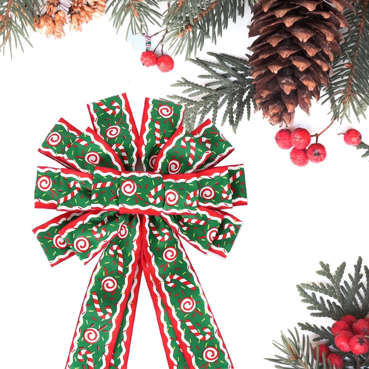 Christmas Tree Topper Wreath Bow Large Green Christmas Bow Tree Topper 52"x13" Red and Green Cane Patterned Gift Bows for Xmas Holiday Home Wedding Thanksgiving Indoor/Outdoor Decoration