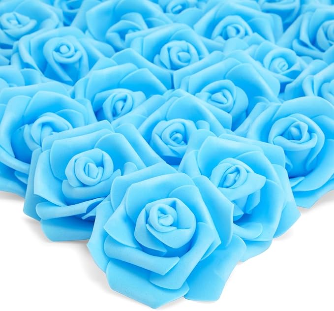 Juvale Faux Flowers for Wedding Decor - 100 Pack, 3-Inch Heads - Blue Silk Flowers - Artificial Roses for Centerpiece Table Decorations & Vase Filler