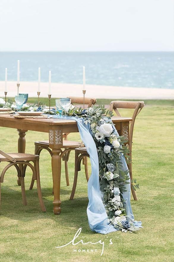 Ling's Moment Flower Garland - 6FT Eucalyptus & Rose - Sweetheart Table Decor for Wedding Reception, Artificial Arch Floral Garland for Mantle, Christmas, Beach Decoration, Dusty Blue & White