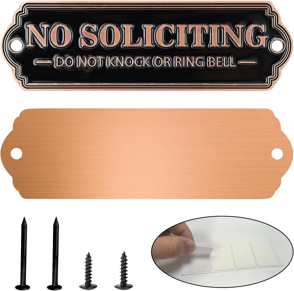 Brass No Soliciting Sign, No Soliciting Sign for House - Solid Brass Wall Plaque Handmade Traditional Home Decor, Elegant No Soliciting Do Not Knock or Ring Bell Sign for Office and Business (Brass color)