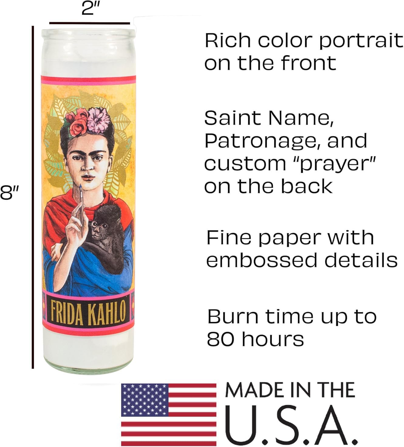 The Unemployed Philosophers Guild Frida Kahlo Secular Saint Candle - Unscented 8 Inch Tall Glass Prayer Votive, Made in the USA