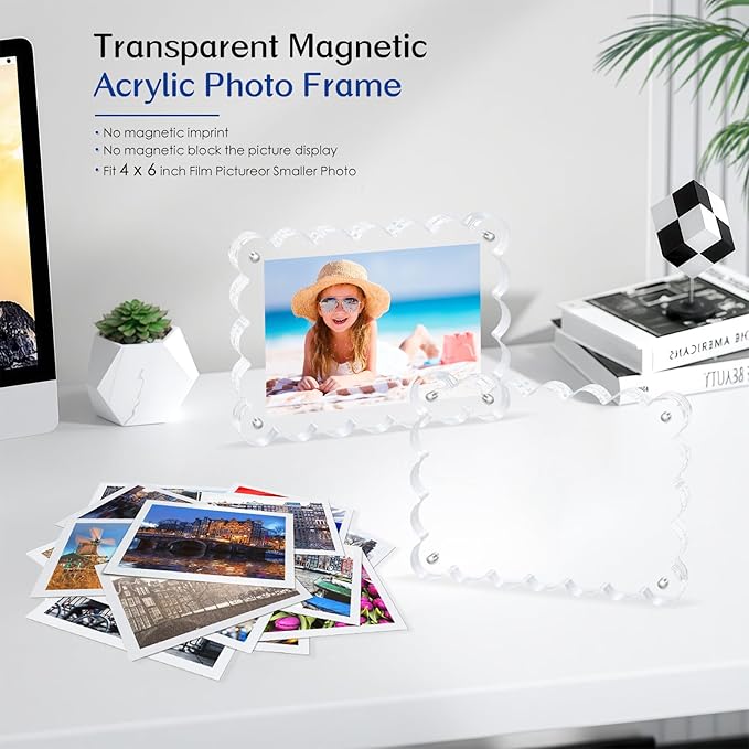 Scalloped Magnetic Picture Frame 4x6 Inch - 2Pack Clear Acrylic Photo Frame, 20mm Thick Double-Sided Magnet Design, Trendy Desktop Display for Home/Office Decor (2 Pack, 4X6)
