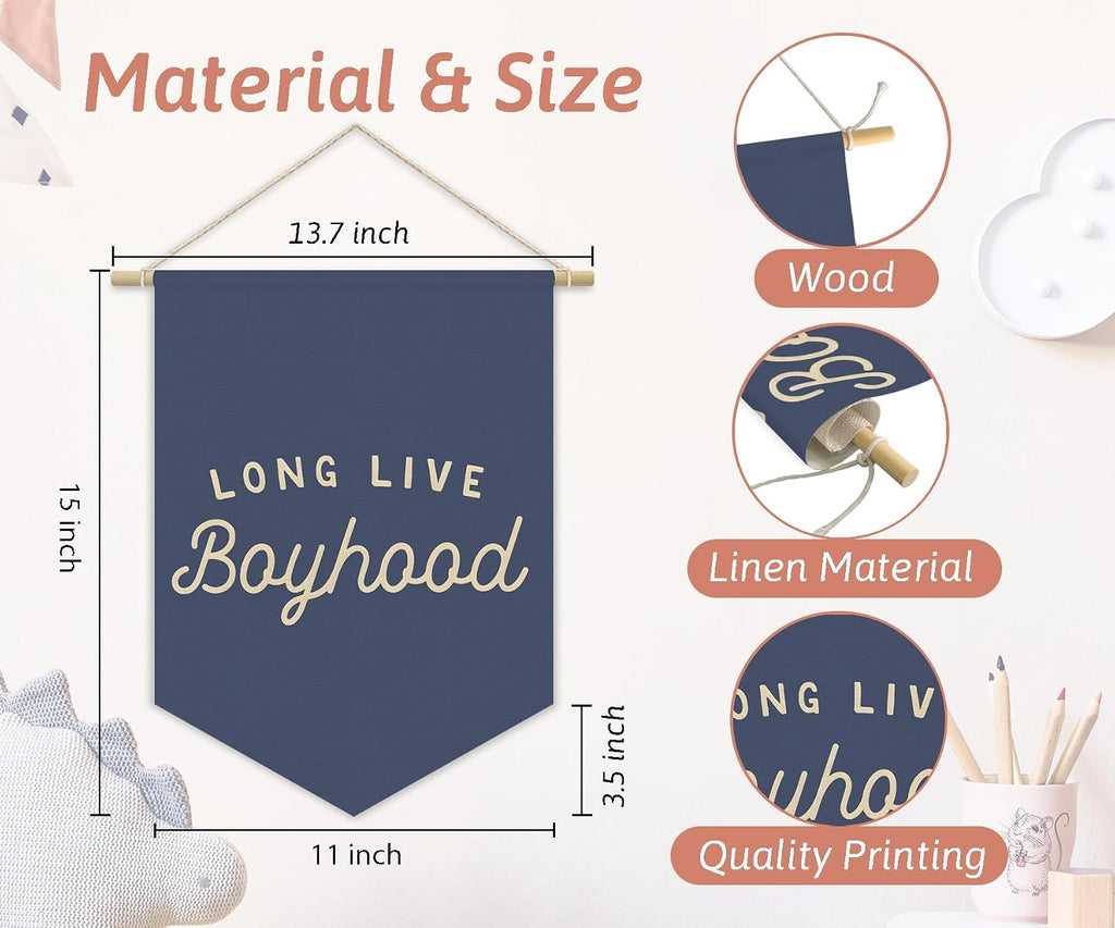 Navy Blue Boy Room Decor,Long Live Boyhood Canvas Banner Nursery Playroom Wall Decor for Boys Bedroom Toddler Decorations Teen Boy Room Decor,Playroom Decor Wall Hanging Flag 15x11 Inch