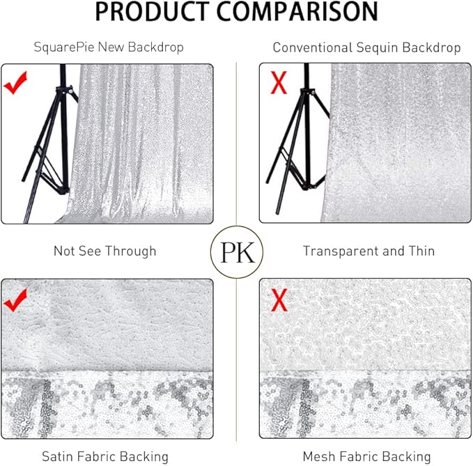 SquarePie Sequin Backdrop Curtain 8FT x 10FT Silver Satin Backing Fabric Photography Background for Wedding Patry 4FT x 10FT 2 Panels