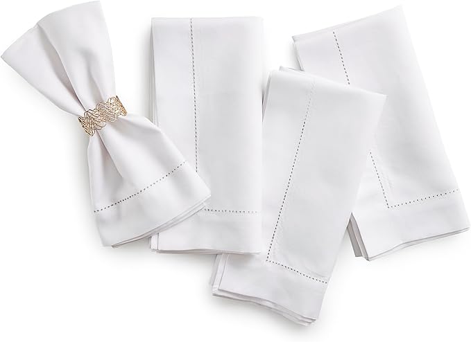 Cotton Linen Cloth Napkins Set of 4 – Hemstitch White Dinner Napkins 20 x 20 Inch – Washable Fabric Napkins for Spring, Summer, Wedding Decoration – Siena