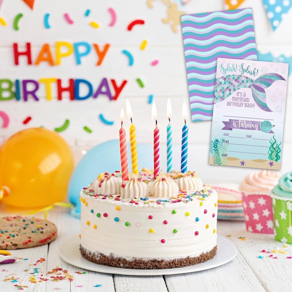 Birthday Party Invitation Cards, Mermaid Party Celebration, Splish Splash It's A Mermaid Birthday Bash Invite, Party Supplies, Favors, 20 Cards With 20 Envelopes – (meiRY03)