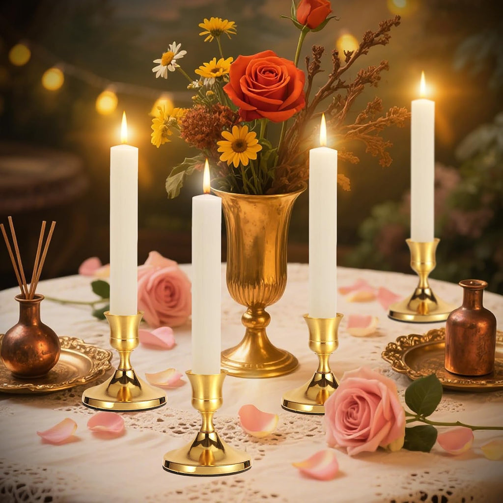 3 Pcs Brass Gold Taper Candle Holders, Vintage Metal Candlestick Holders Set for Dining Table, Wedding & Party Centerpiece Decor, Fits Standard Taper Candles, Mantel & Home Decorations