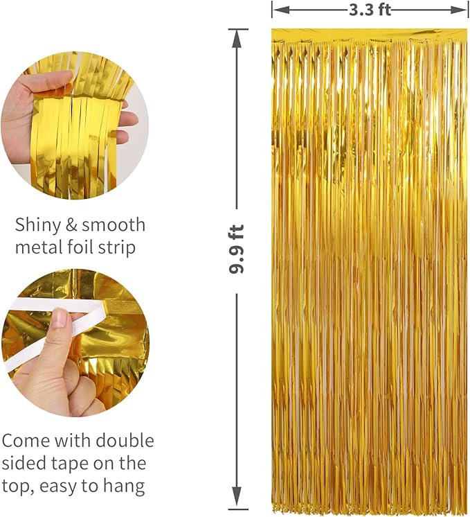 Crosize 4 Pack 3.3 x 9.9 ft Gold Foil Fringe Curtains Party Decorations, Gold Tinsel Curtain Backdrop for Parties, Door Streamers, Glitter Streamer Fringe Backdrop for Birthday Decoration