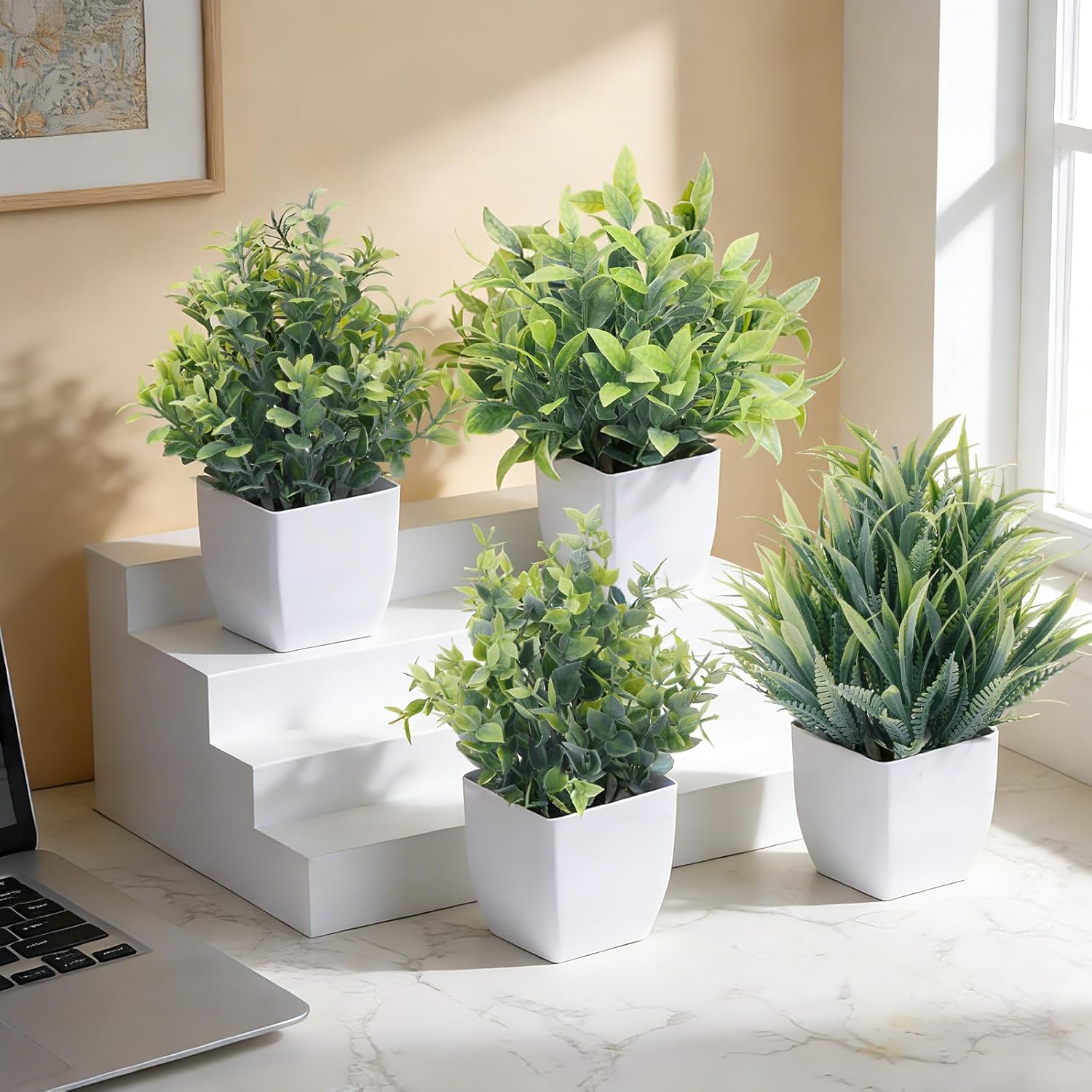 CEWOR Fake Plants 4 Packs Small Artificial Greenery Mini White Potted Plants Bathroom Accessories Decorations for Desk Bathroom Office Home Room Kitchen Table Indoor