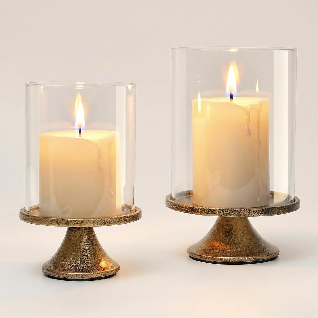 Set of 2 Hurricane Candle Holder Set with Glass Dome & Iron Base – Elegant Decorative Pillar Candle Holders for Living Room, Dining Room & Bedroom Centerpiece - Ideal Home Décor