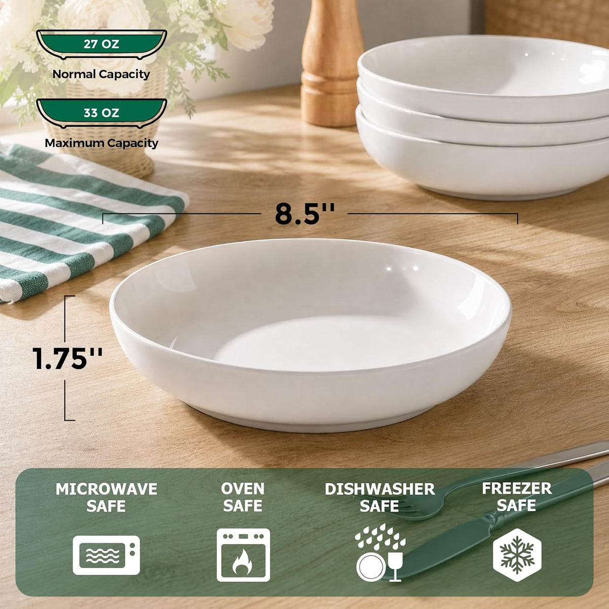 Y YHY Pasta Bowls Set of 6, High-Fired Porcelain White Salad Bowls 30 oz Wide...
