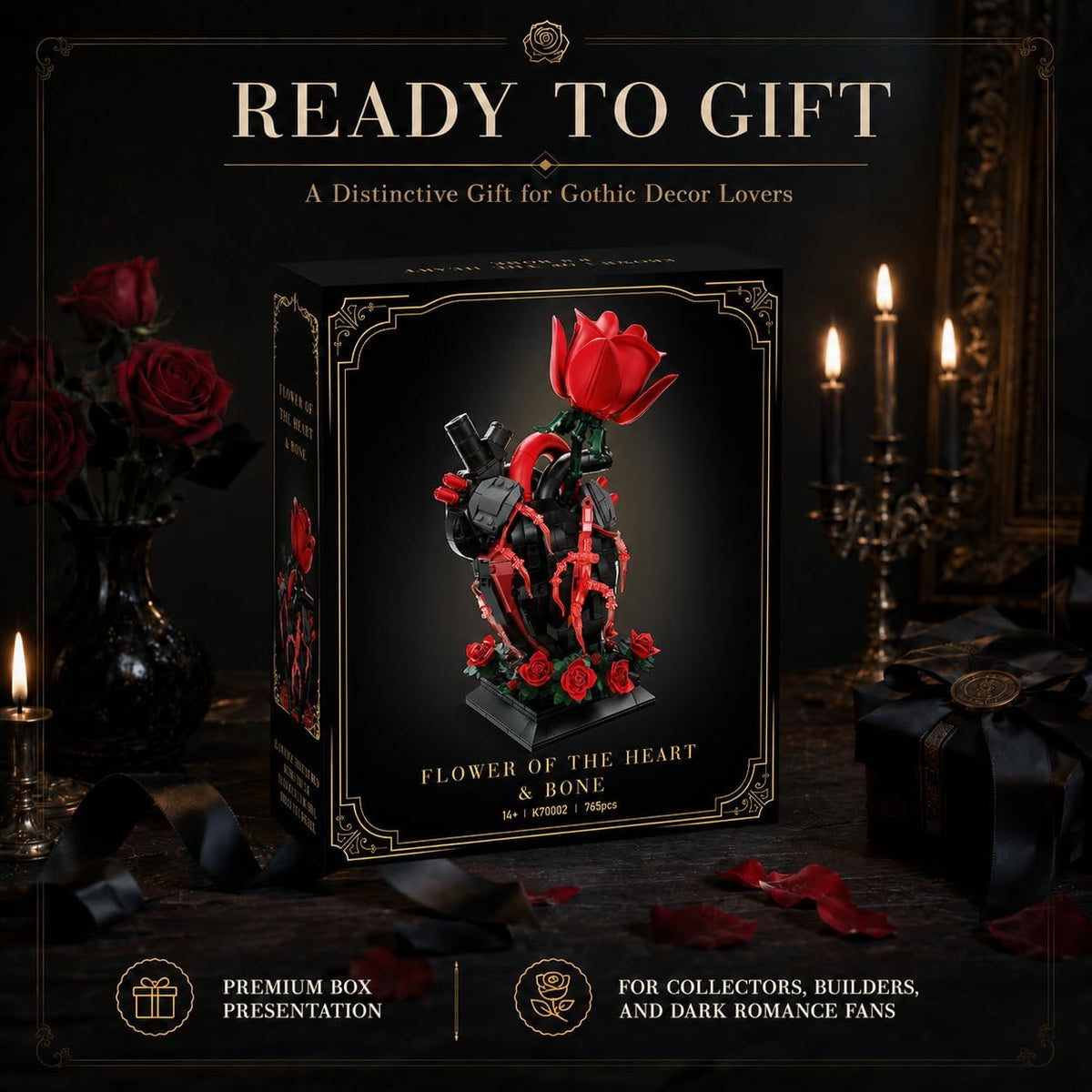 gothic heart rose building block set anatomical heart on a desk or shelf