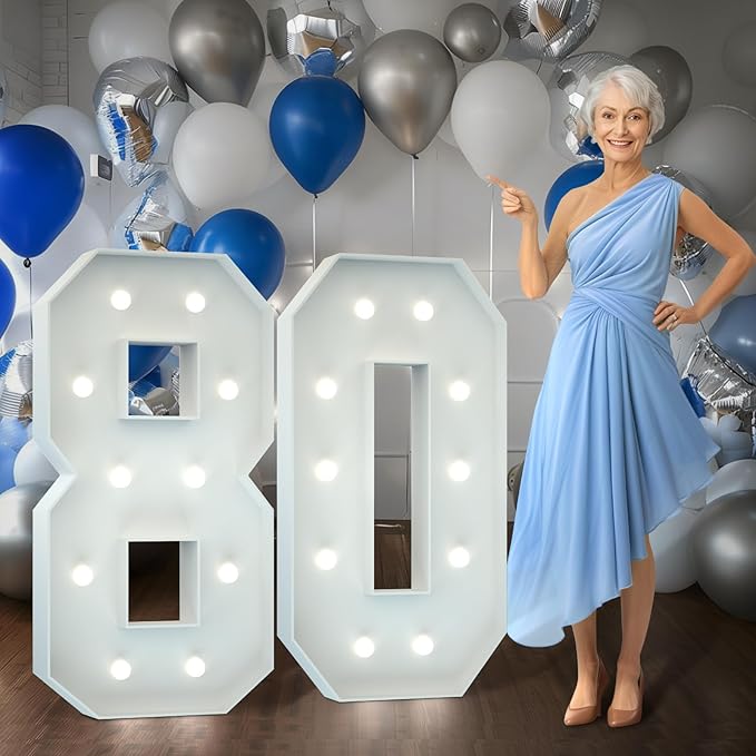 Marquee Numbers 4 Feet Tall Big Light Up Numbers 80th Birthday Decorations Women Men White Anniversary Party Decor Large Cardboard Prop Backdrop Sign 80