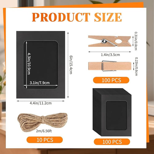 100 Pack Paper Picture Frames, 4x6 Inch Photo Strip Frame Hanging Photo Display Banner, Black Photo Holder with Wooden Clips and String for Wall Decor and Party Supplies